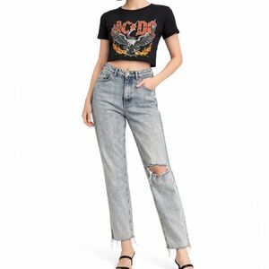 Zara women’s High Rise Button Fly Straight Light Wash ripped Denim jeans SZ 6